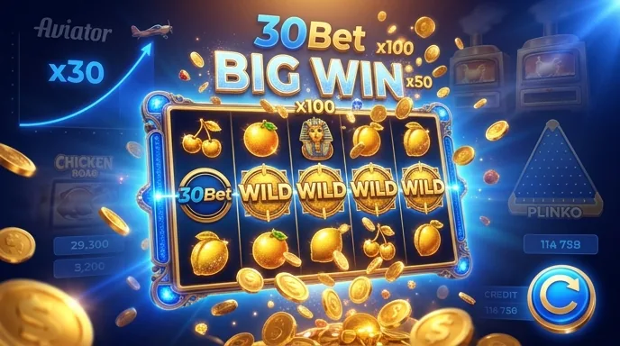 Slot bij 30Bet die uitbetaalt met gouden symbolen en opspattende munten