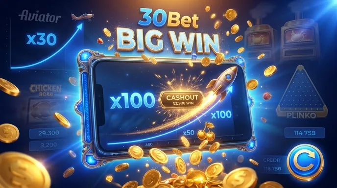 Aviator crashgame bij 30Bet met stijgende multiplier en cashout-moment