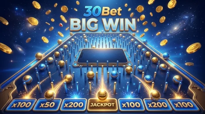 Plinko-bord bij 30Bet met ballen die in multiplier-vakjes vallen