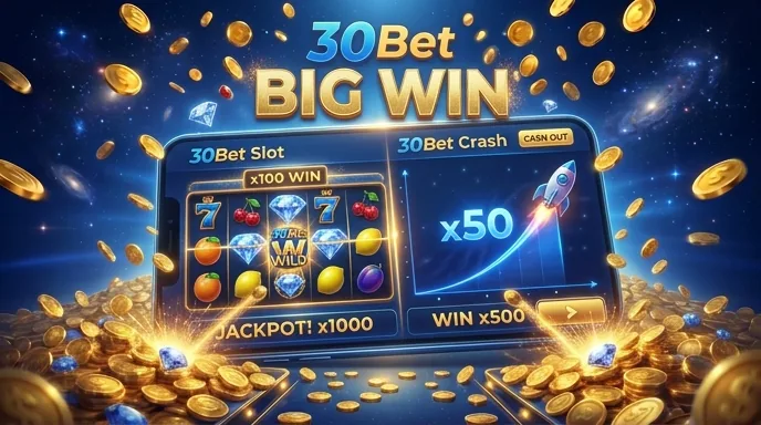 30Bet mobiel casino met slots en crash-games op een smartphone